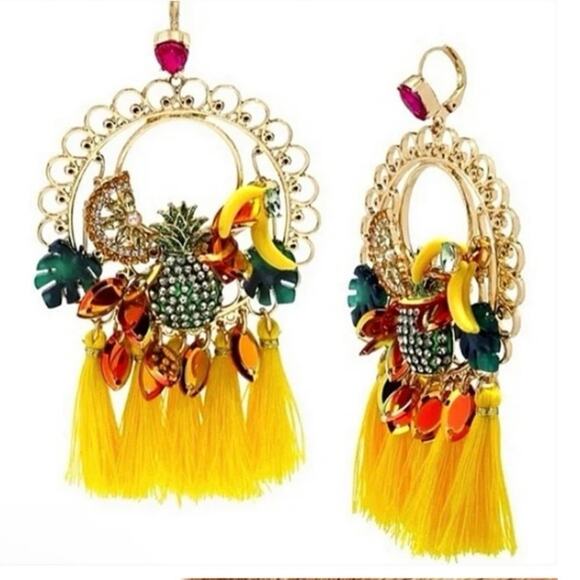 BETSEY JOHNSON Mixed Multicolor Bananas Fruit Chandelier Tassel Sequin Earrings - Picture 2 of 8